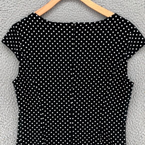Anne Klein Dress Womens 6 Black Polka Dot Fit & Flare Knee Cap Sleeves Stretch - Picture 4 of 10